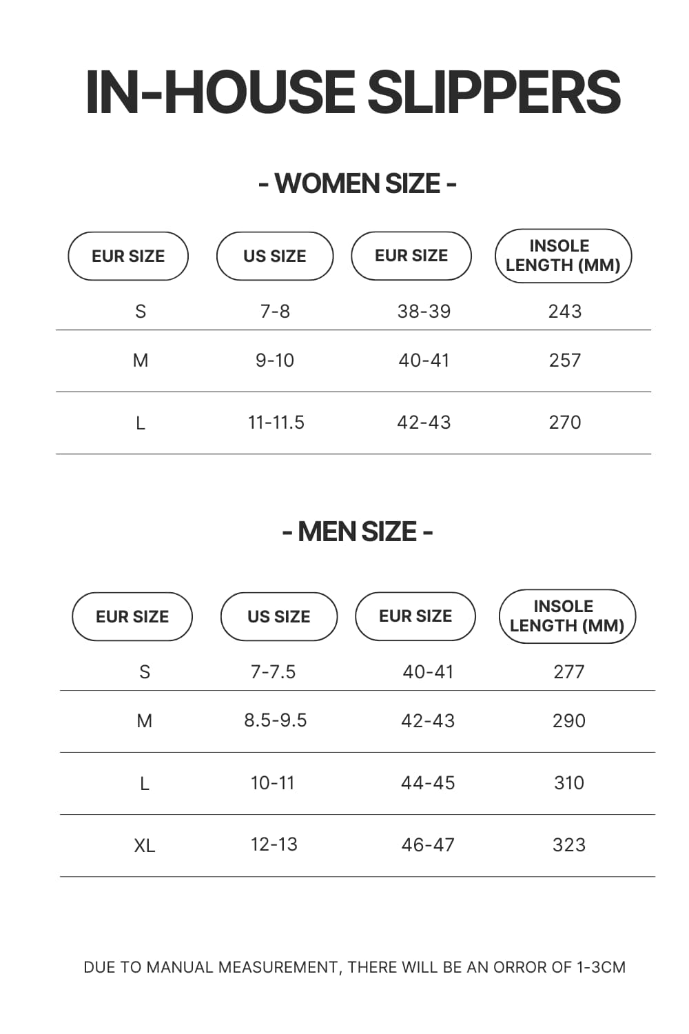 In House Slippers Size Chart - Anime Slippers Store